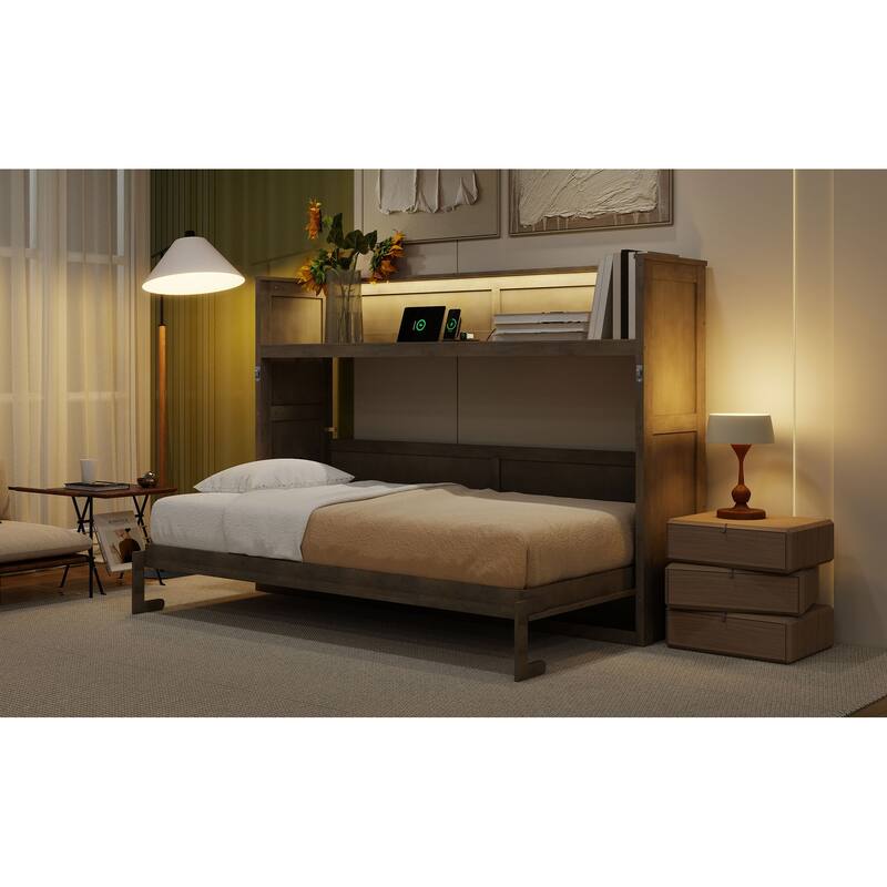 GDFStudio - Solid Wood Twin XL Murphy Bed with Desk, LED Light, USB Charging and Storage