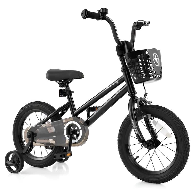 Kids Bike with Basket Adjustable Seat and Training Wheels - 14-Inches - Black