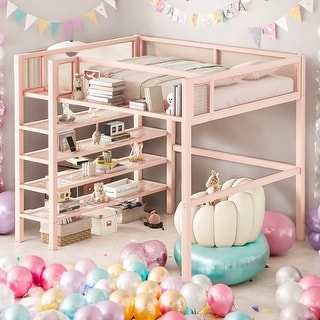 Full Size Metal Loft Bed with 4-Tier Shelves and Storage for Home
