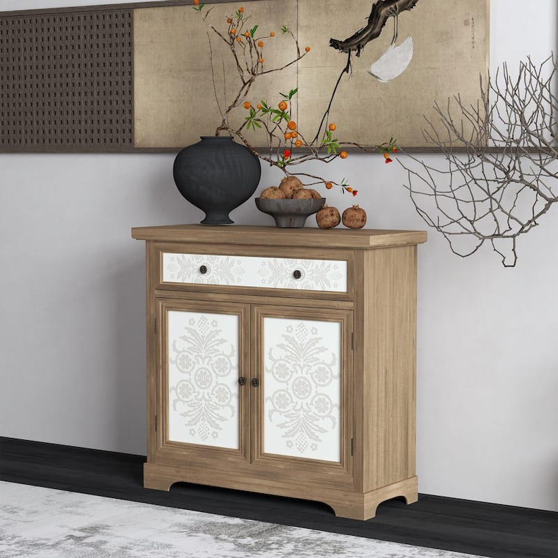 Rustic Vintage Accent Cabinet with Carved Floral Panels, Distressed Wood Sideboard with Drawer and Double Doors