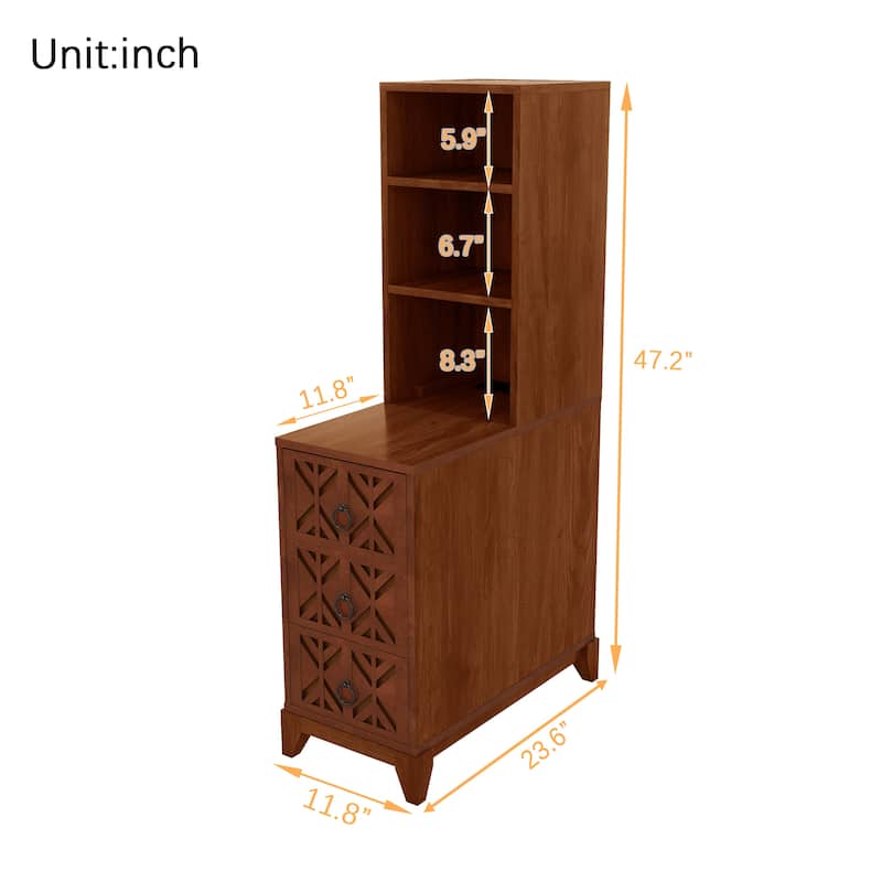 Tall Nightstand with Charging Station, Narrow Sofa Side Table with 3 Drawers & 2 Open Shelves, Solid Wood Entryway Accent Table