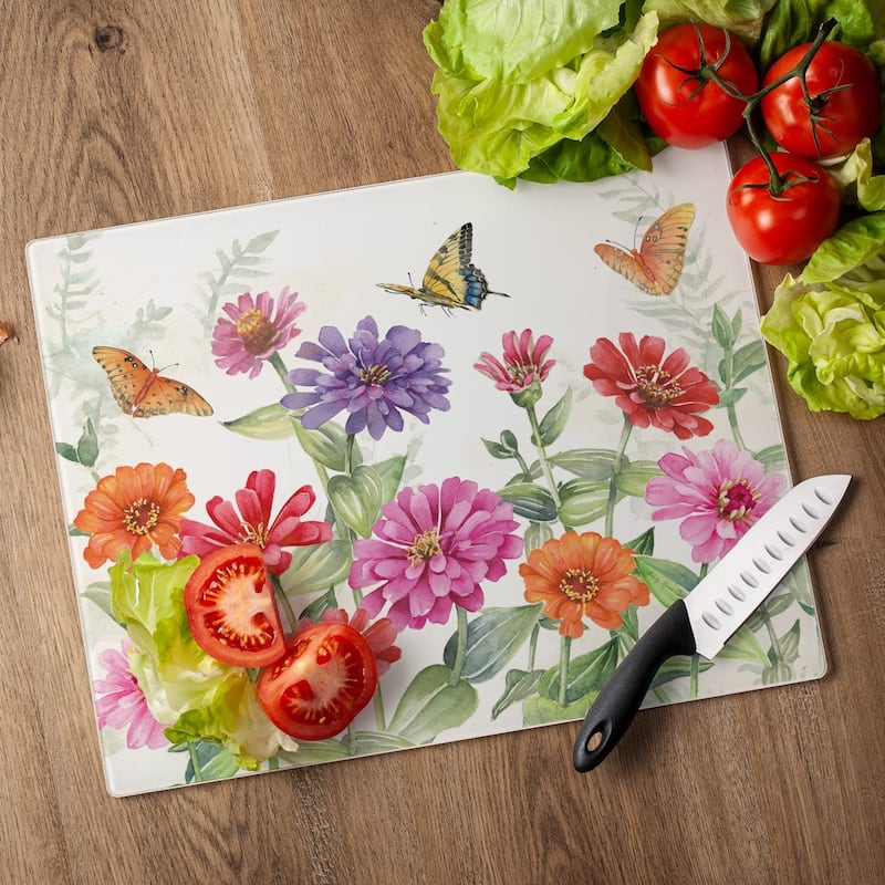 CounterArt Zinnias & Butterflies 3mm Heat Tolerant Tempered Glass Cutting Board 15" x 12" Made in the USA Dishwasher Safe