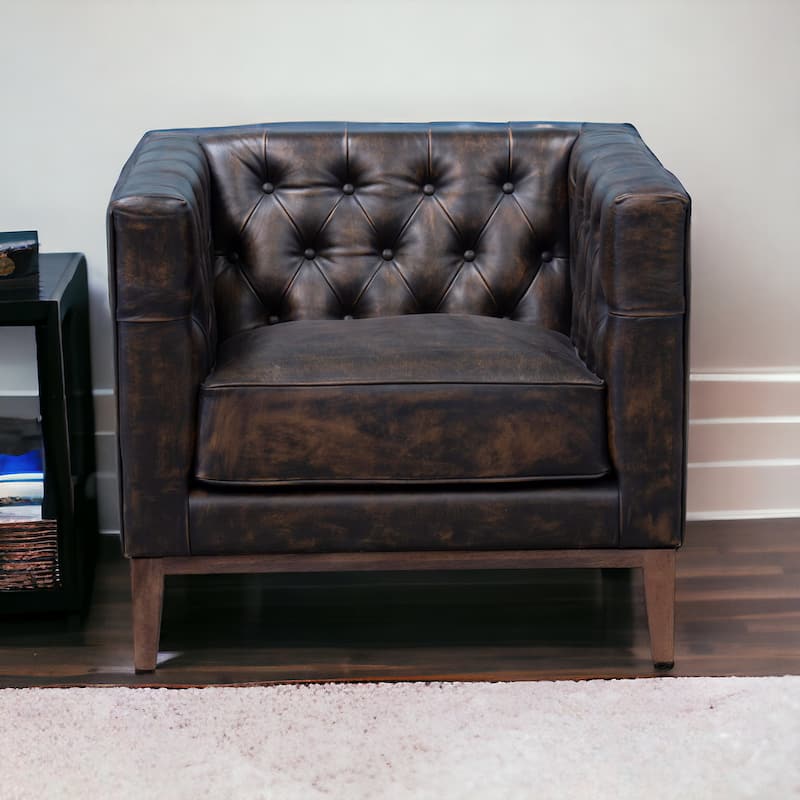HomeRoots 33" Brown and Black Antiqued Top Grain Leather Tufted Club Chair - 34 in. x 29 in. x 32 in. - 34 in. x 29 in.  x 32 in.
