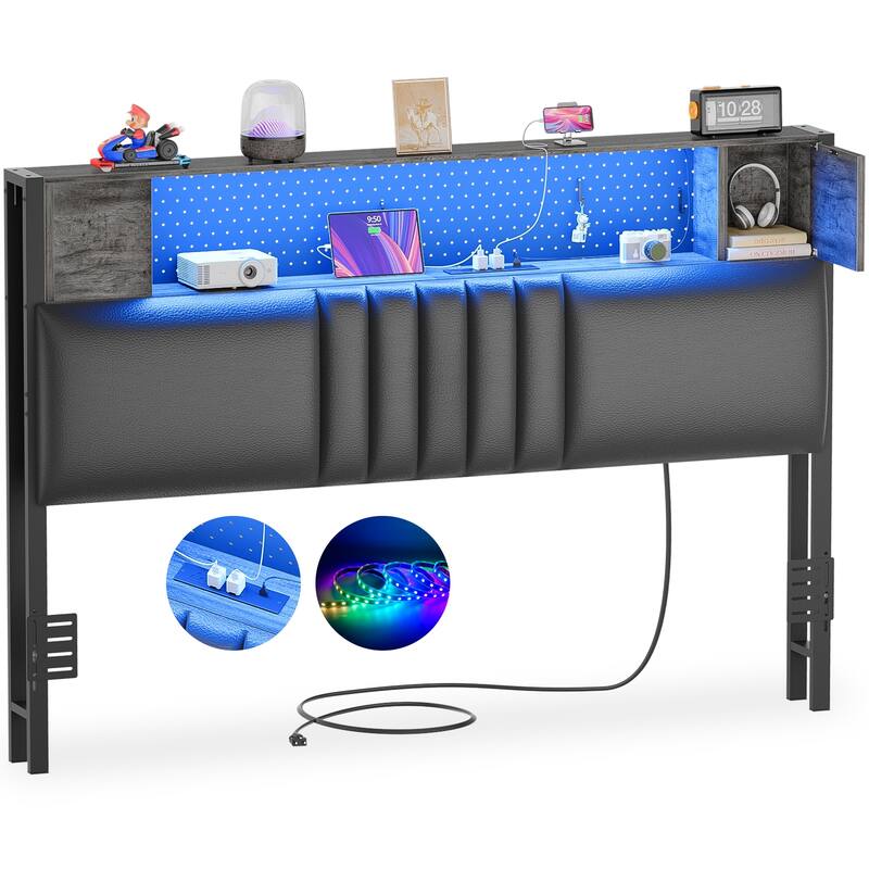 Upholstered Headboard with Storage Shelf and Small Cabinet, Headboard Power Outlet and LED Light