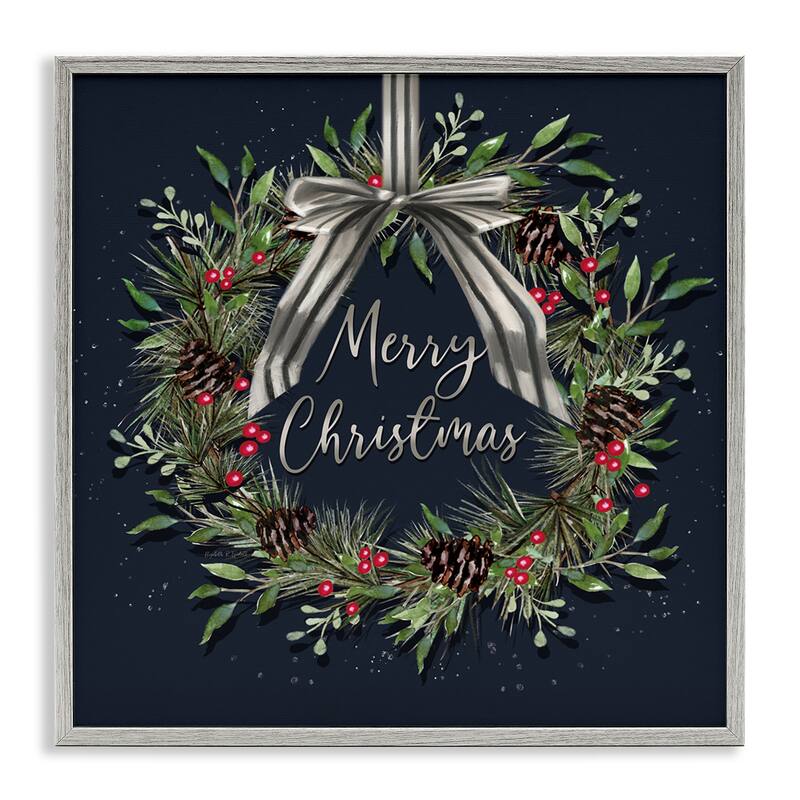 Stupell Hanging Christmas Wreath with Bow Framed Giclee Art Design By Elizabeth Tyndall - 17 x 17 - Grey