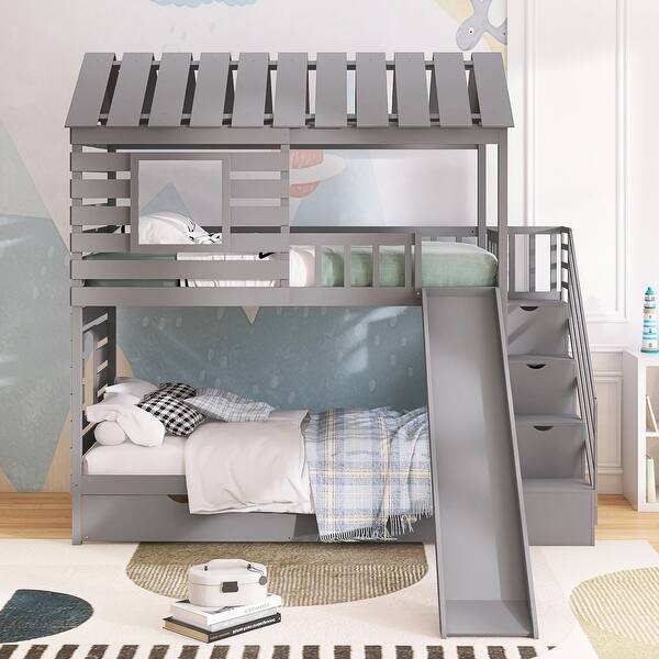 slide 2 of 9, Twin over Twin House Bunk Bed with Slide & Storage Staircase, Grey Grey