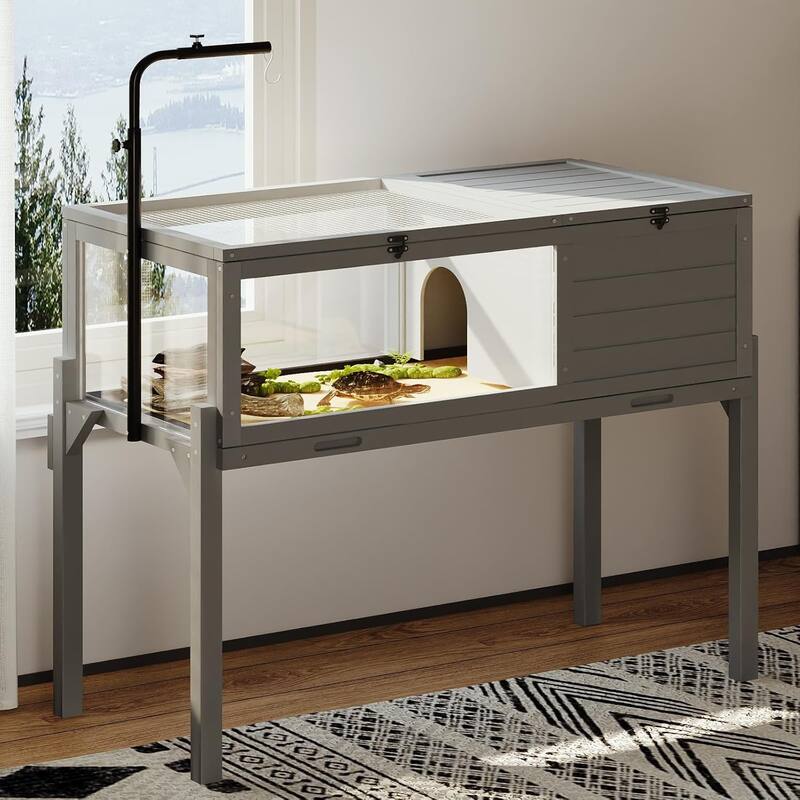 BOSSIN Tortoise Habitat with Detachable Legs, Wooden Tortoise House Reptile Cage for Small Animals with Lamp Holder - Grey