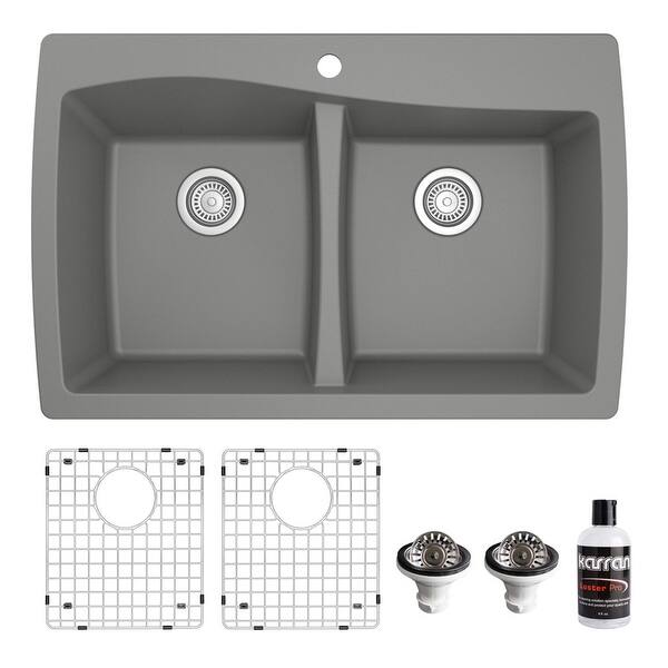 slide 10 of 62, Karran Drop-In Quartz 34 in. 1-Hole 50/50 Double Bowl Kitchen Sink Kit Grey
