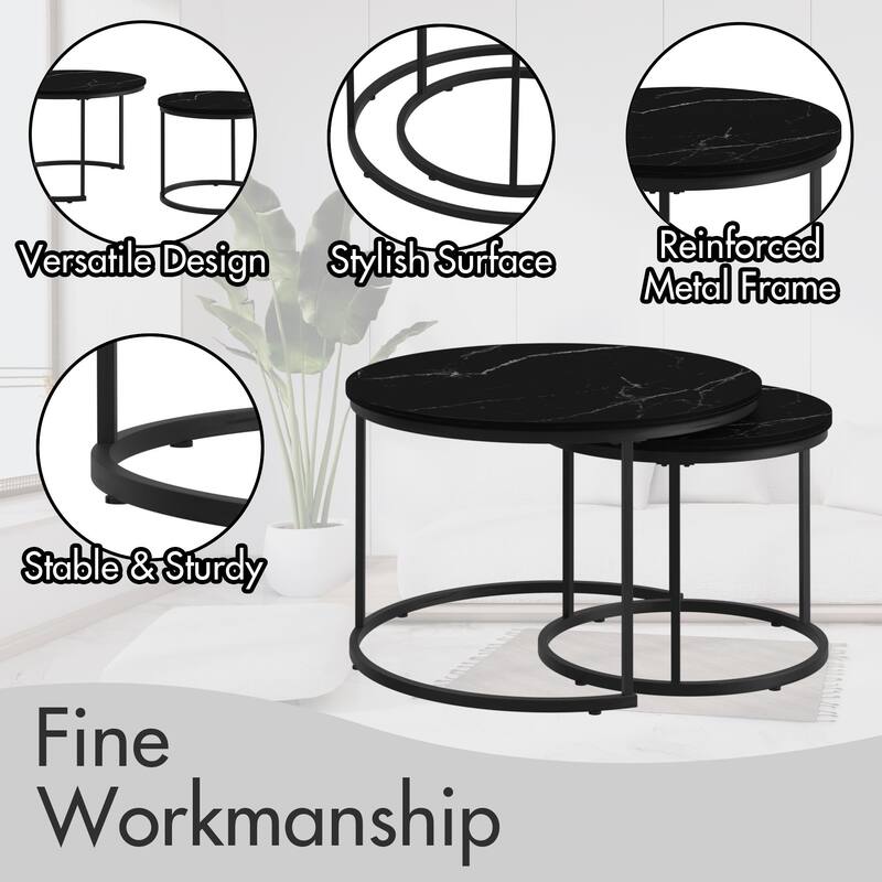 Anmytek Round Nesting Coffee Table Set 2 Piece Wood and Metal Side Tables for Living Room