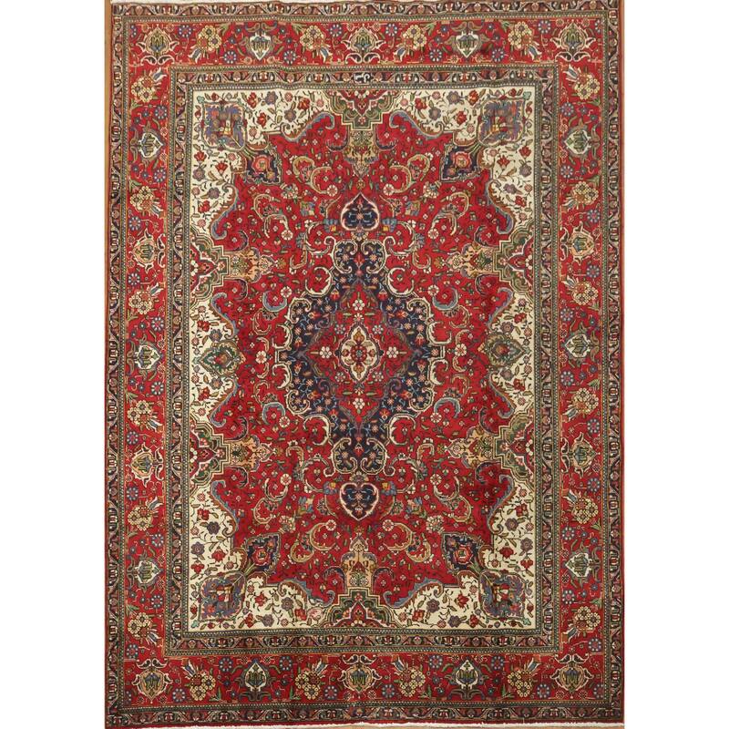 Hand Knotted Oriental 100% Wool Carpet Traditional Floral Red Tabriz Area Rug - 11' 0'' X 7' 10''