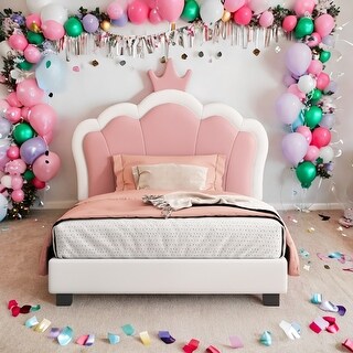 Twin Size Crown Headboard Princess Bed, White+Pink