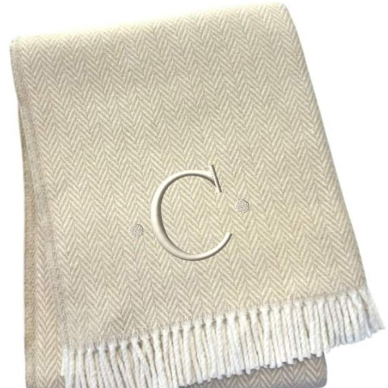 55" X 70" Linen And White Herringbone Cotton Blend S Initial Throw Blanket with Tassels And Embroidery