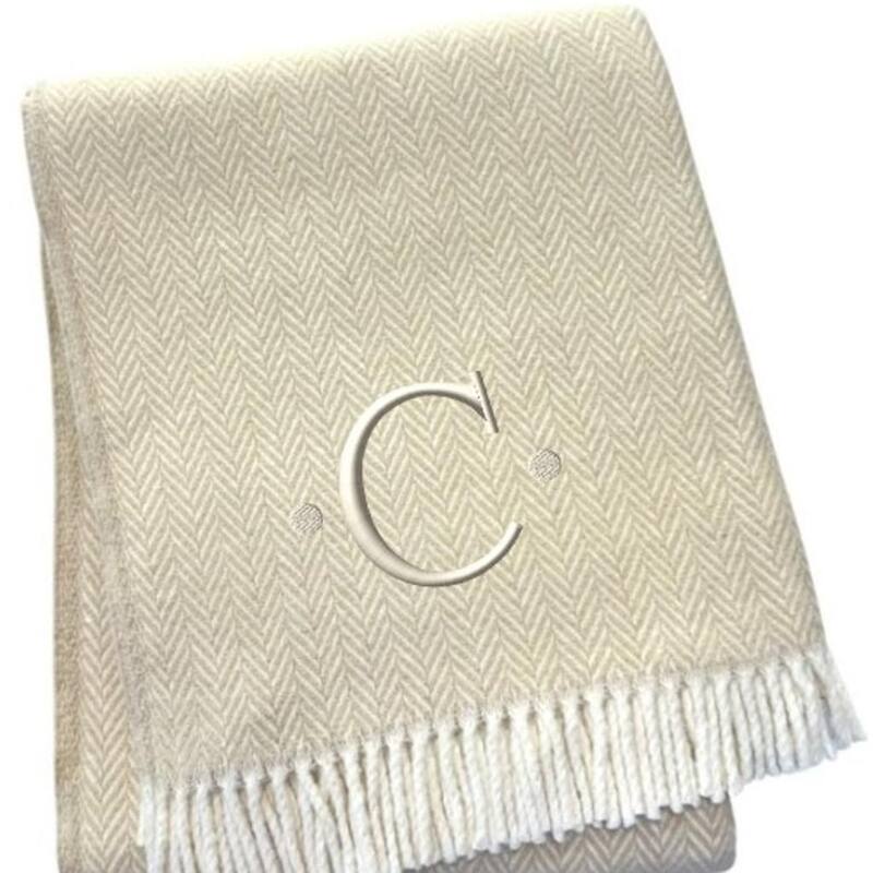 HomeRoots 55" X 70" Linen And White Herringbone Cotton Blend C Initial Throw Blanket with Tassels And Embroidery