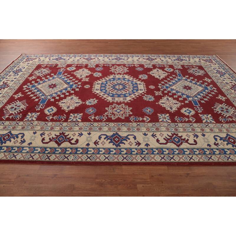 Geometric Red Kazak Area Rug Wool Carpet - 8'0" x 11'8"