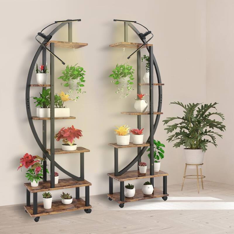 2 pcs 6 Tier Tall Metal Plant Stand Indoor with Grow Light, Half Moon Shape Plant Shelf & Wheels, Curved Ladder Flower Pot Rack