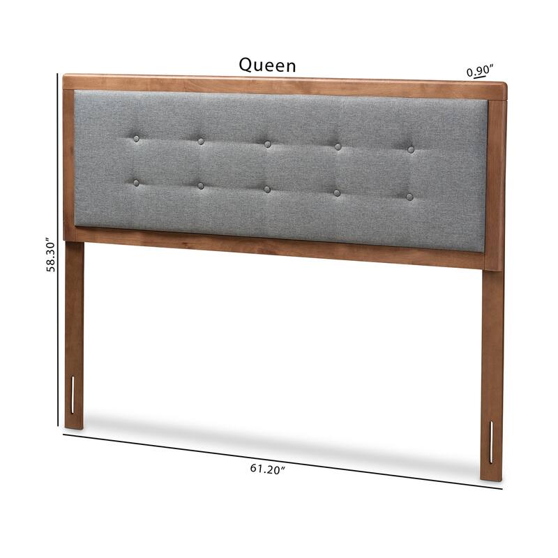 Mid-Century Modern Dark Grey Fabric Upholstered Walnut Brown Wood Queen Size Headboard with Retro Charm