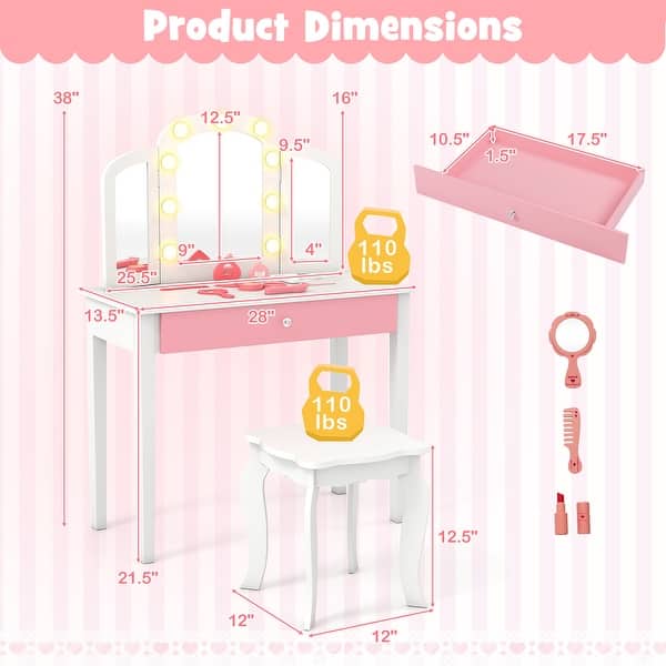 dimension image slide 0 of 2, Gymax Kids Vanity Table Set 2-in-1 Princess Makeup Dressing Desk
