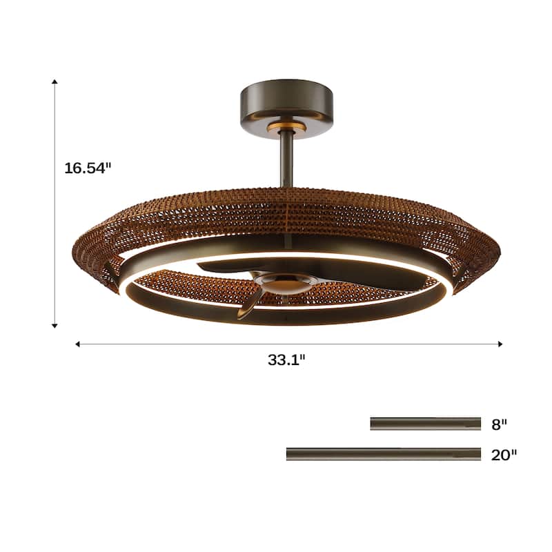 33" Coastal Rattan Fandelier Bladeless LED Ceiling Fan with Light and Remote