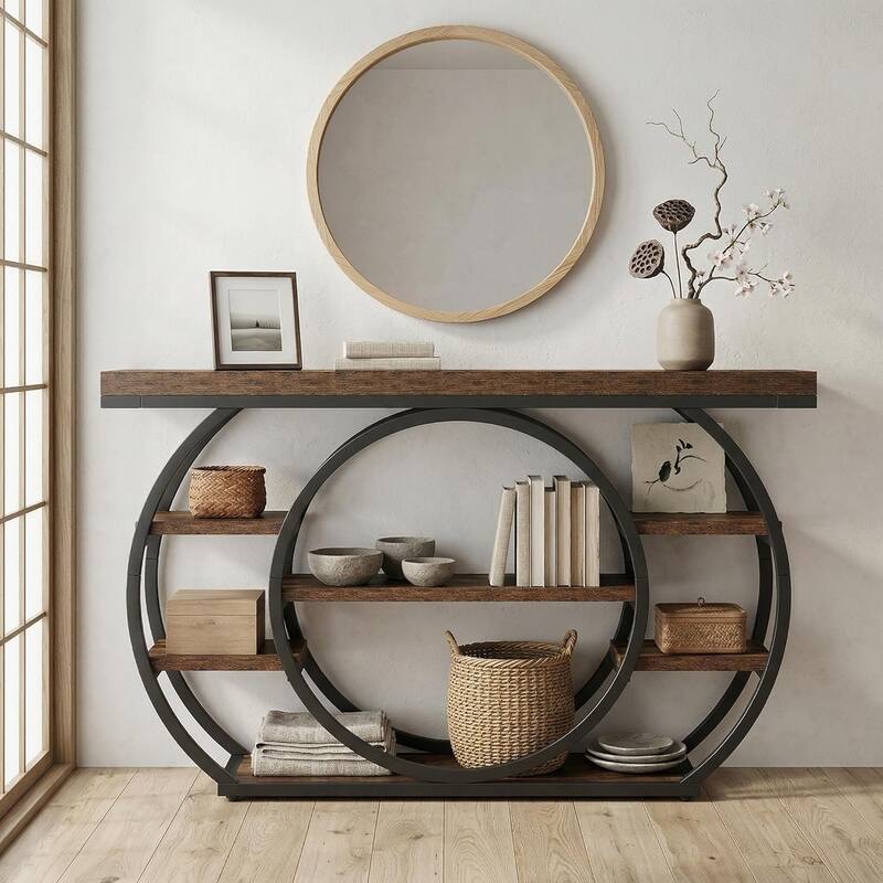 47” Industrial 5-Tier Console Table, Entryway Table with Metal Frame, Narrow Sofa Table for Living Room, Hallway