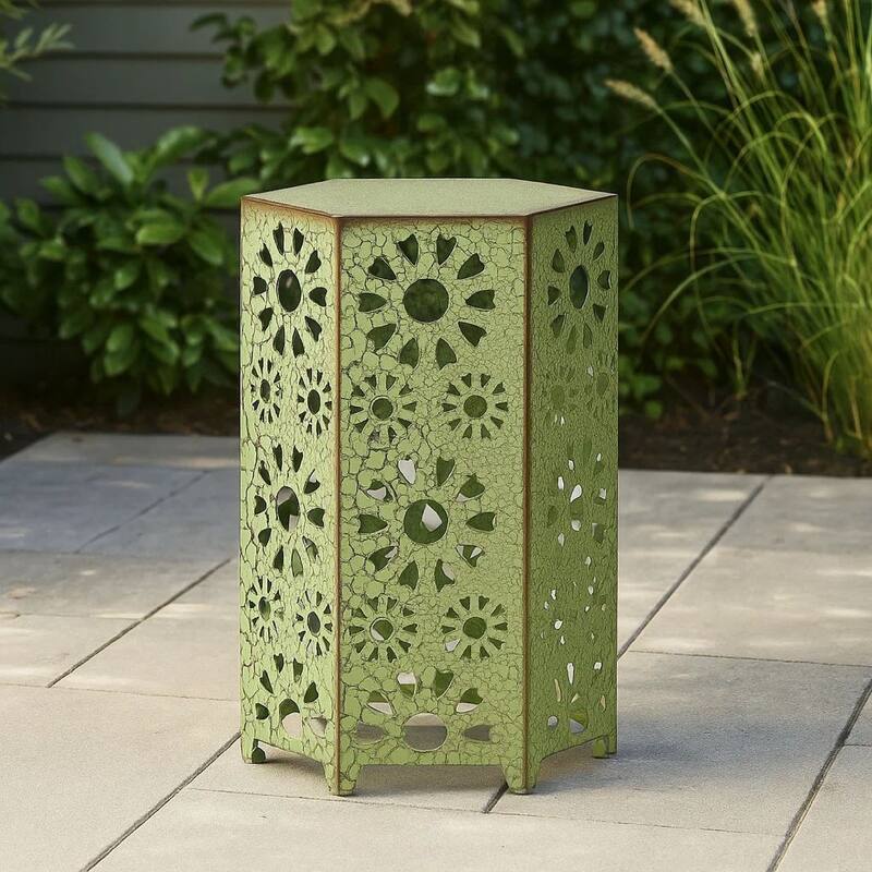 Liana Outdoor Side Table, Hexagonal 12 Inch, Sunburst Cut Out, Green