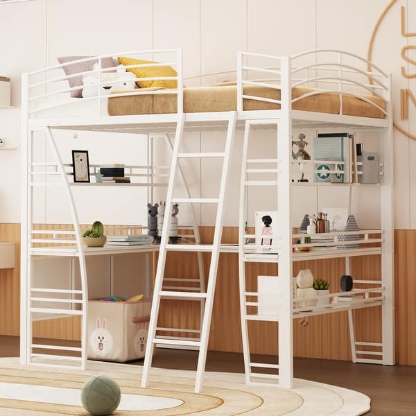 slide 2 of 18, Full Size Metal Loft Bed with L-Shaped Desk and Multi-Functional Shelves White