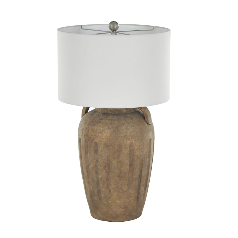 Ceramic Distressed Antique Style Pot Vase Room Table Lamp with Cream Linen Shade - Brown, Black, Cream - Roche River Decor