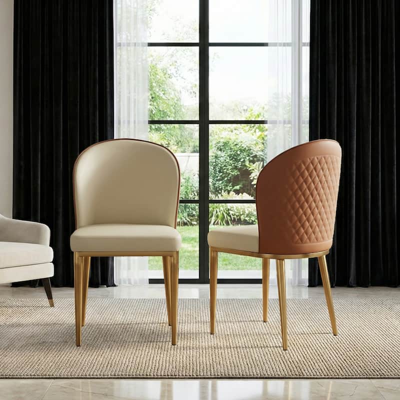 Modern Upholstered Dining Chair Set of 2 - Light Yellow Faux Leather Seat with Brown Back & Gold Metal Legs