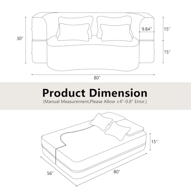 Queen Size Modern Sofa With 4 Pillows,Plush Fabric Futon Sofa Couch,High-Density Foam Folding Mattress,No Assembly Required