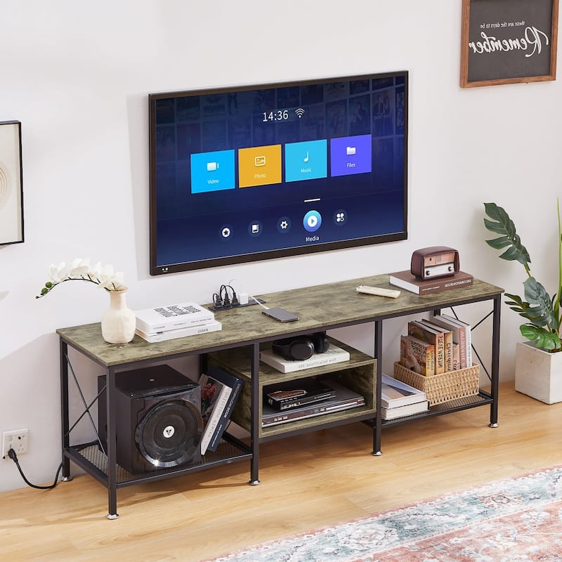 VECELO Wood TV Stand with Charging Station,Storage Shelves Entertainment Center TV Cabinet