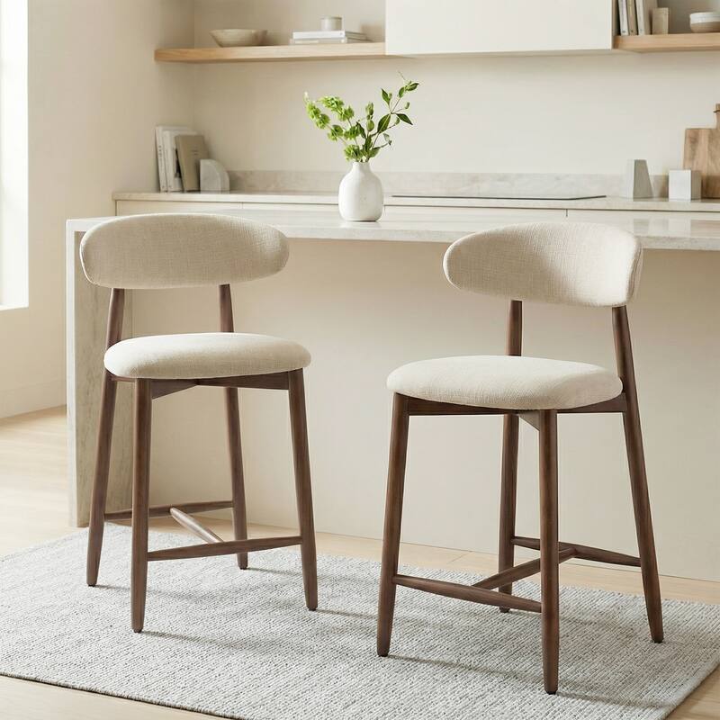 Mid-Century Modern Upholstered Bar Stools Counter Height Wooden Bar Chairs with Backrest Footrest - Beige - Set of 2