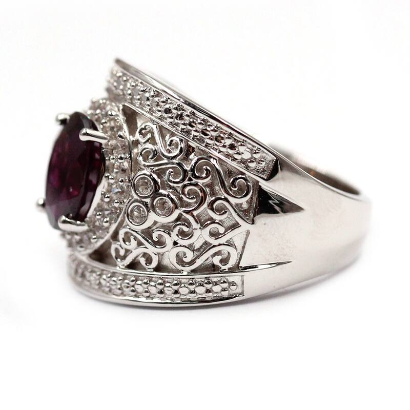925 Sterling Silver Rhodolite Garnet and White Zircon Gemstone Band Ring