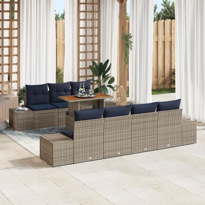 vidaXL 8 Garden Sofa Set with Cushions Black/Grey Poly Rattan - 94.1 x 24.4 x 27.2 - Grey