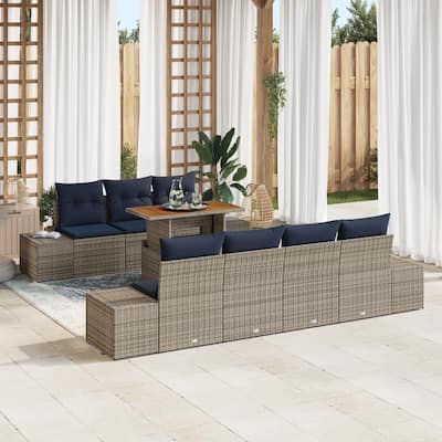 vidaXL 8 Garden Sofa Set with Cushions Black/Grey Poly Rattan - 94.1 x 24.4 x 27.2