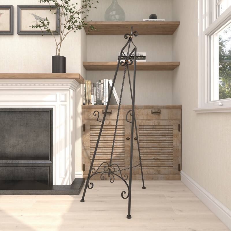 Black Metal Tall Adjustable Scroll Display Easel with Gold Accents
