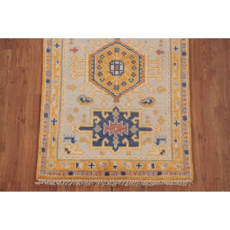 Geometric Kazak Runner Rug Hand-Knotted Beige Wool Carpet - 2'5"x 8'0"