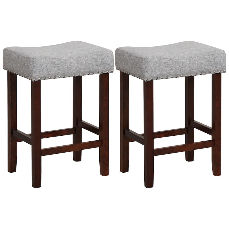 Set of 2 Backless Saddle Bar Stools with Linen Cushions and Rubber Wood Legs for Counter - 17" x 13" x 24" (L x W x H) - Grey-Brown