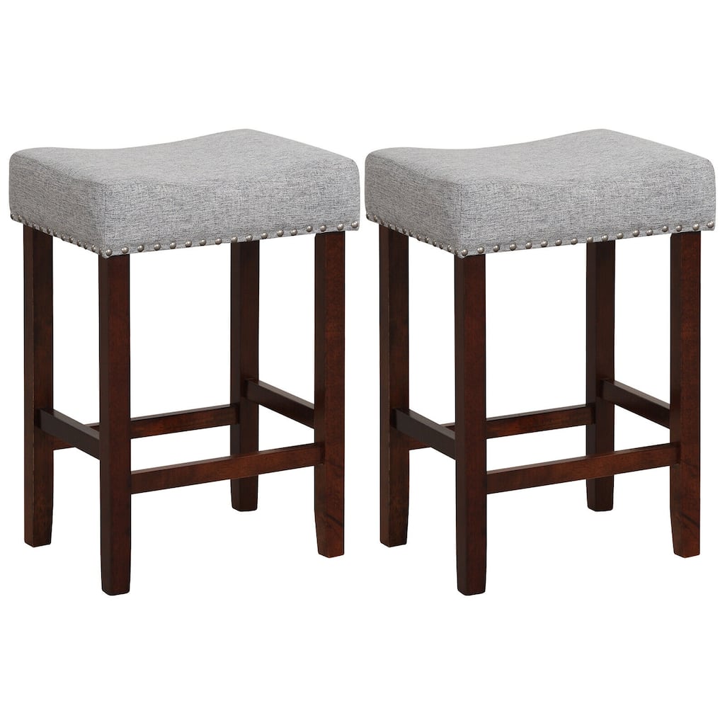Set of 2 Backless Saddle Bar Stools with Linen Cushions and Rubber Wood Legs for Counter - 17" x 13" x 24" (L x W x H)
