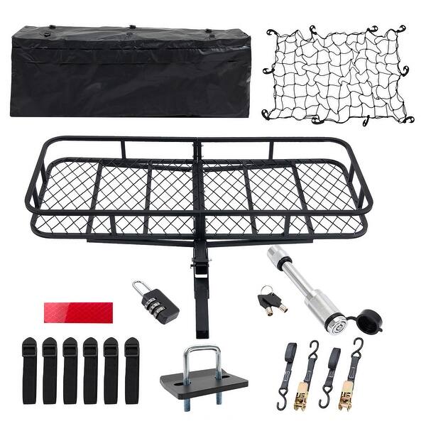 slide 2 of 7, Folding Hitch Mount Cargo Carrier Basket With Hitch Stabilizer, 2 Rainproof Ratchet Straps, Cargo Bags - Black