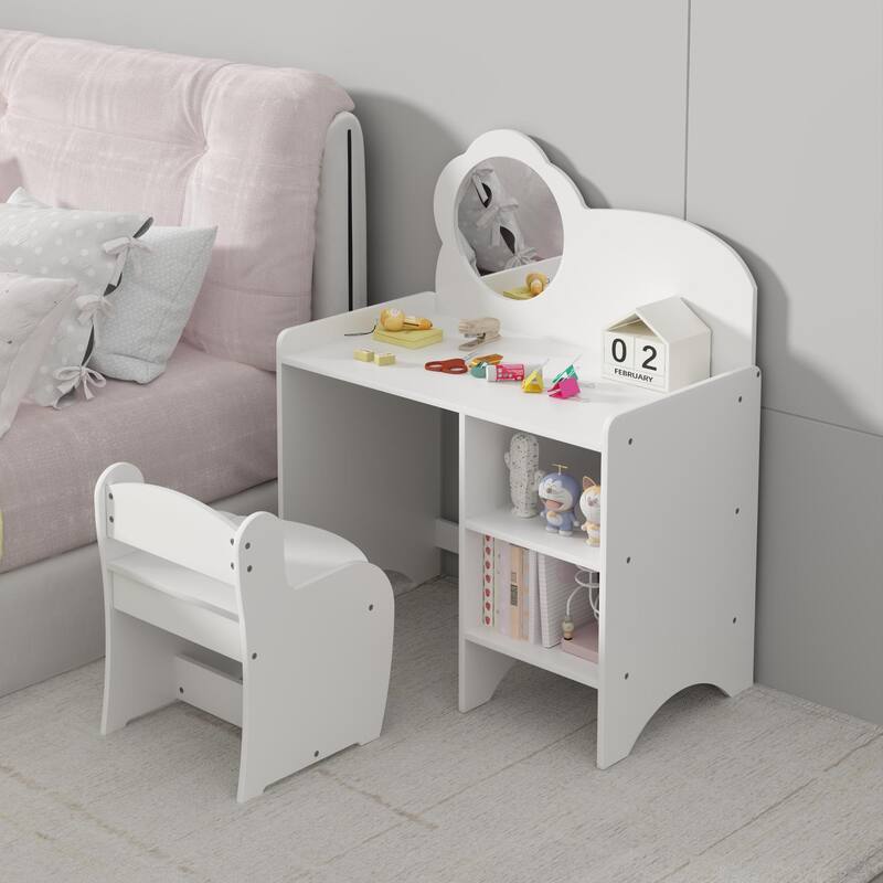 Kids Vanity Table with Mirror and Chair, Wooden Children's Dressing Makeup Desk with Storage Shelves, Study and Activity