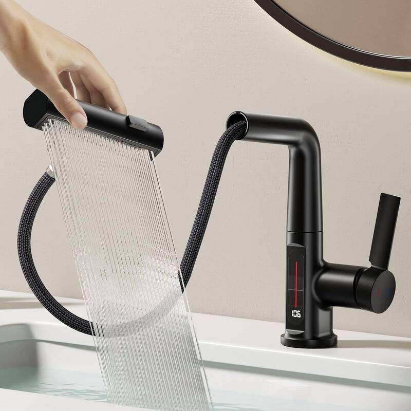 LED Temperature Display Bathroom Faucet with Pull Out Sprayer
