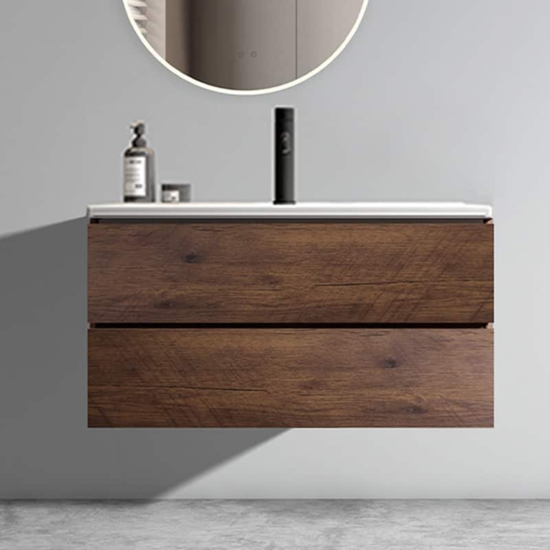 GDFStudio - Tia Wall-Mounted Bathroom Vanity with Ceramic Sink, Soft Close Drawers & U-Shaped Drainage - 36" - White+Walnut