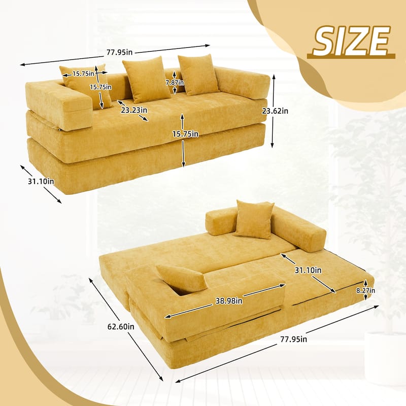 HOMEFUN Chenille Upholstered Convertible Foldable Memory Foam Sleeper Sofa with Pillows for Living Room
