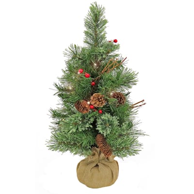 24" Glistening Pine Small Tree with Pine Cones, Red Berries, Twigs in Burlap Base & Warm White Battery Operated LED Light