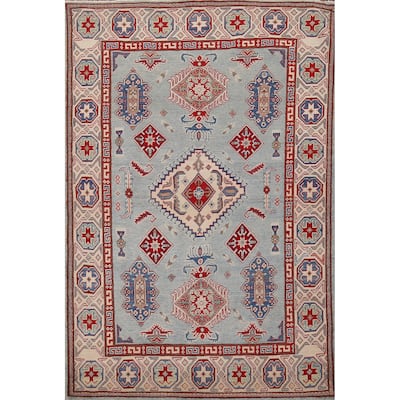 Light Blue Geometric Kazak Oriental Area Rug Handmade Wool Carpet - 5'2" x 7'4"