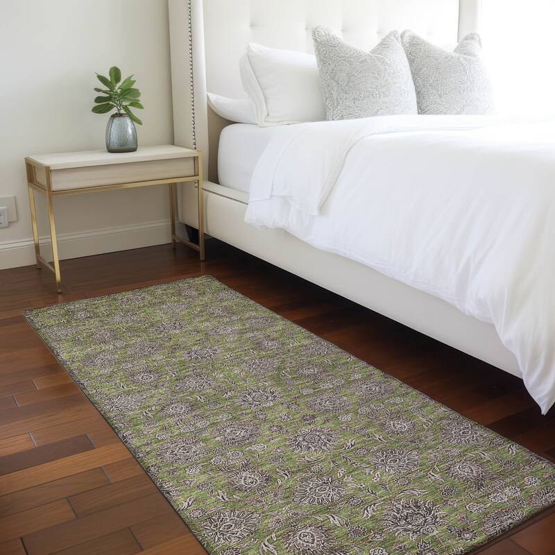 Machine Washable Indoor/ Outdoor Chantille Traditional Floral Rug - Olive - 2'3" x 7'6"