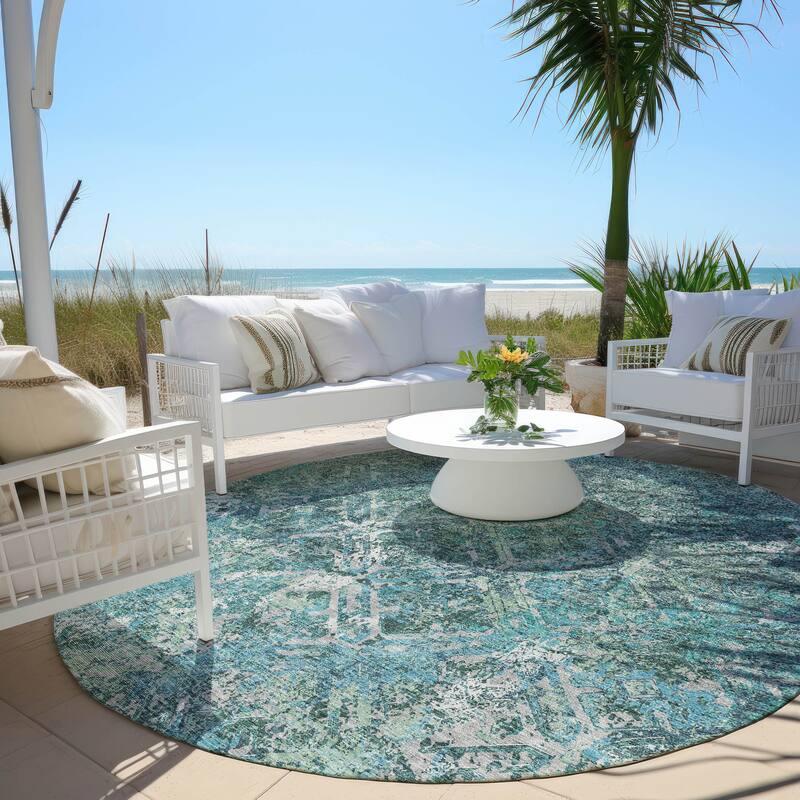 Machine Washable Indoor/ Outdoor Chantille Diamonds Distressed Rug - Sage - 8' x 8'