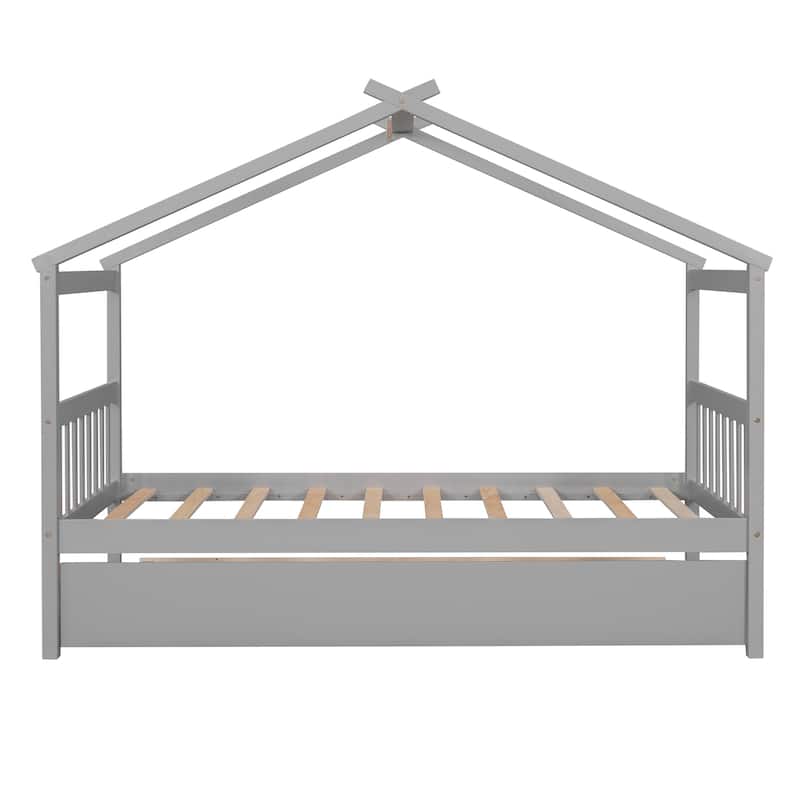 Twin/Full House Bed with Pull-Out Trundle, Solid Pine Wood Frame for Sleepovers