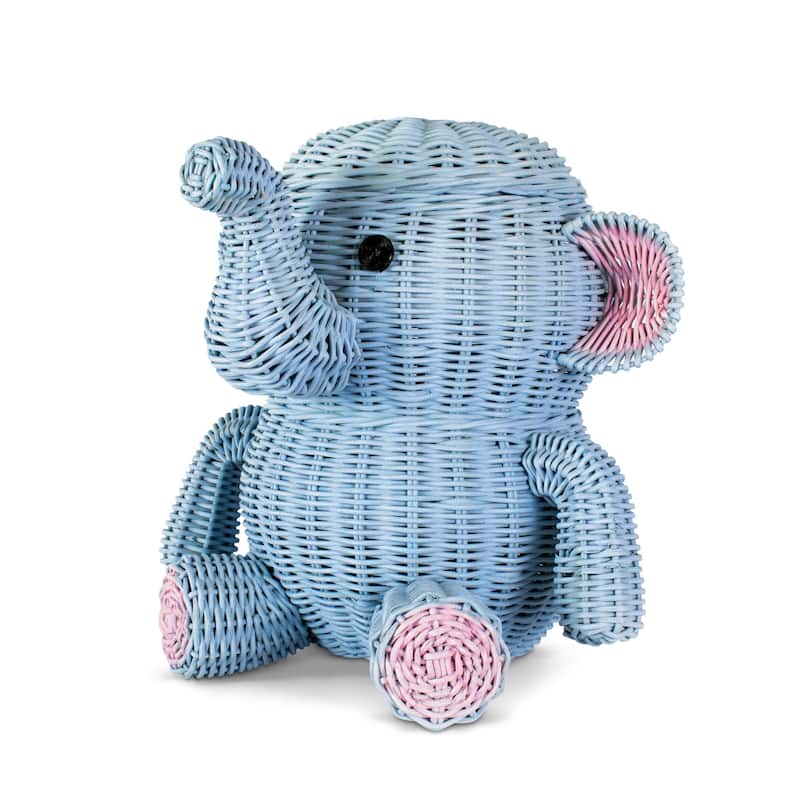 Large Blue Elephant Rattan Storage Basket With Lid Hand Woven Shelf Organizer Handmade Gift Wicker