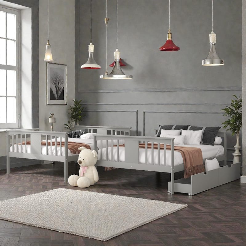 Full over Full Bunk Bed with Drawers and Ladder, Solid Wood Bunk Frame with Storage for Bedrooms and Guest Rooms
