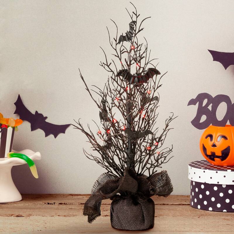 Glitzhome 20"H Halloween Lighted Bats Table Tree Decor - Black